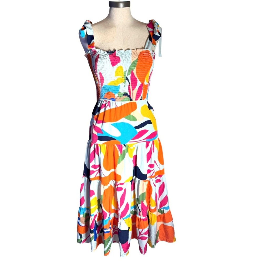 THML Abstract Floral Smocked Midi Dress Multi Color Tie Shoulder Small